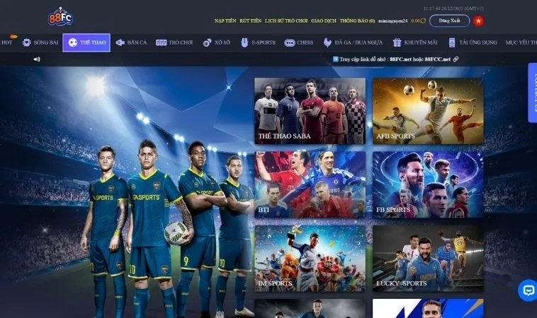 Sảnh Thể Thao 88FC thiết kế giao diện đẹp, chuyên nghiệp