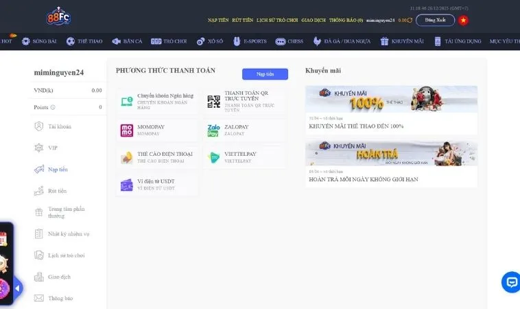 Giao diện nạp tiền 88FC