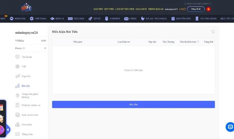 Giao diện rút tiền 88FC